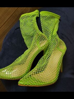 Newbella Neon Green Mesh Stiletto Boots - Women's Designer Heels